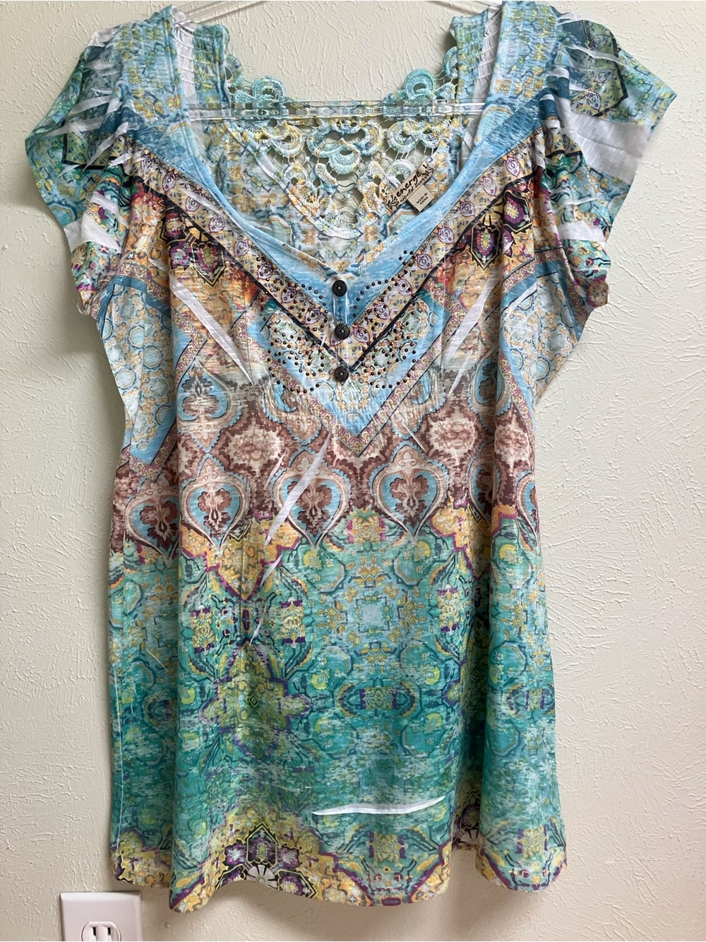 Bohemian Aqua & Brown Printed Crochet-Trim Tunic